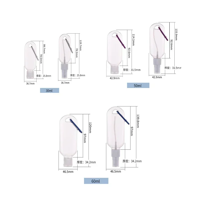 Mini botellas recargables de plástico para viaje, 5 piezas, 30/50/60ml, con tapas abatibles y pulverizadoras, contenedores transparentes a prueba de fugas