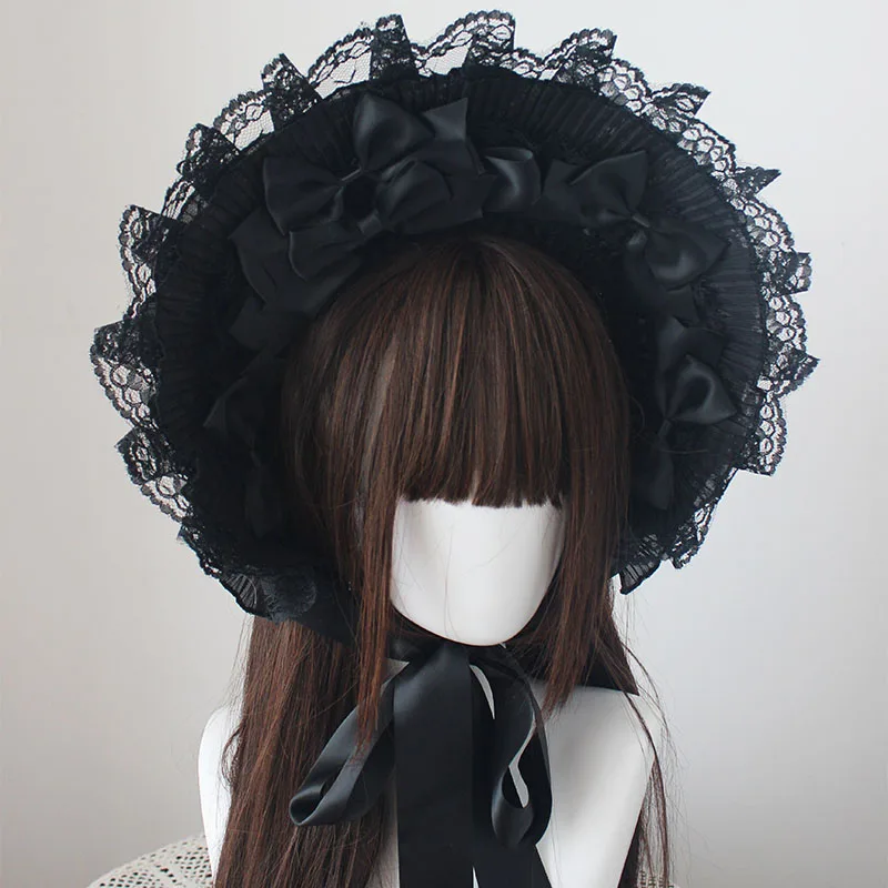 

Multicolor Black and White Lolita Straw Hat BNT Lace Dark Black Lace Bow Flat Hat Bonnet Top Hat