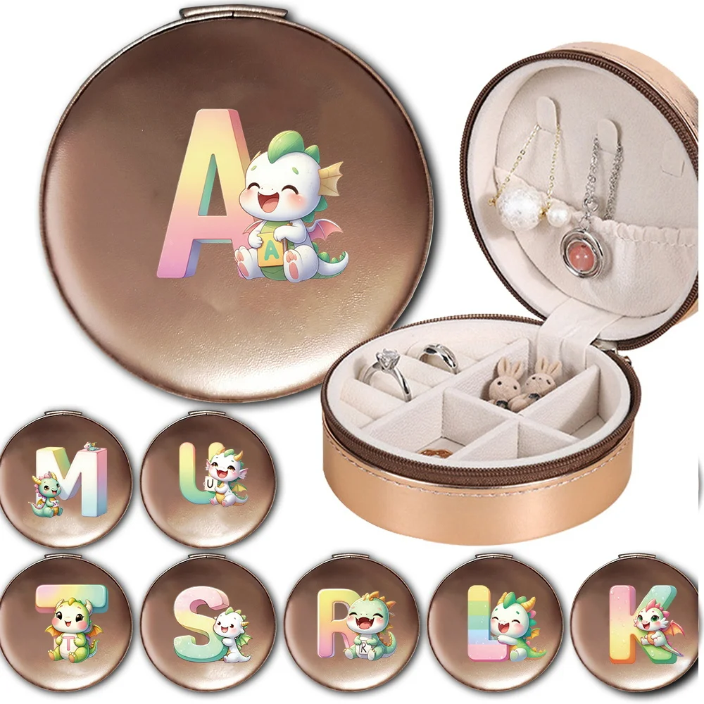 

Portable Round Jewelry Case PU Jewelry Storage Box Cartoon Animal Initial Name 26 Letters Pattern