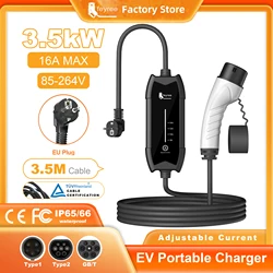 feyree EV Portable Charger Type2 / GB/T Plug 16A Single Phase 3.5KW Type1 3.5m Wallbox Charging Station for Electric Vehicle