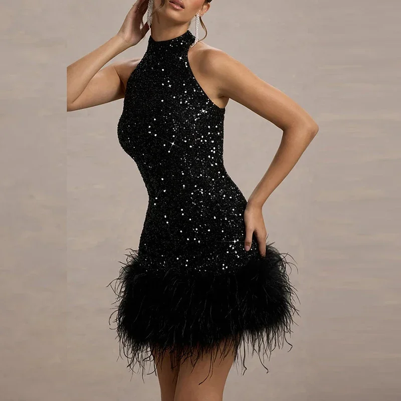 

2025 Spring Glitter Sequin Shiny Party Dresses Women Sexy O Neck Patchwork Feathers Mini Dress Summer Sleeveless Zip Tight Dress