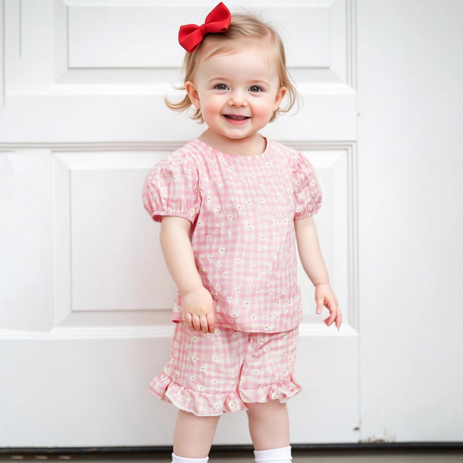 

Toddler Clothes Baby Girls Clothing Flower Plaid Short Sleeve T-shirts Tops Elastic Waist Ruffle Shorts Sets Outfits