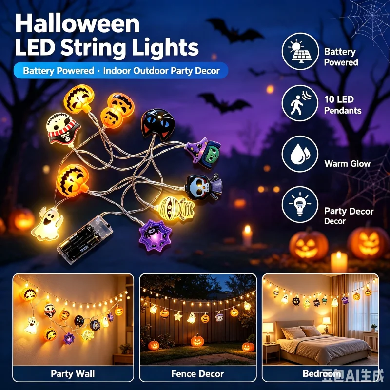 Halloween LED String Lights 10LED Pumpkin Ghost Spider Skull, 1.5M Battery 8 Modes for Indoor Outdoor Party Home Decor