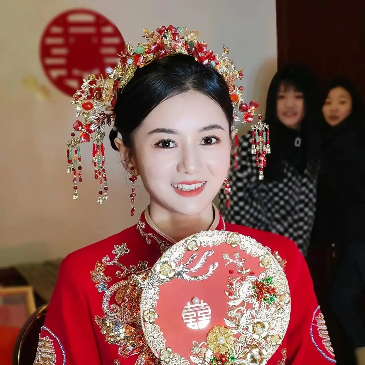 Chinese Xiuhe Wedding Bridal Phoenix Crown Set Red Floral Multicolor Bead Tassel Hair Ornaments Vintage Oriental Hanfu Hairwear