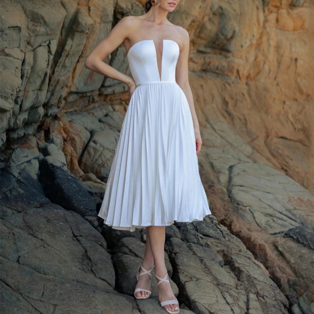 Simple Strapless Short Wedding Dress Bridal Sleeveless Open Back with Belt and Draped Tea-Length Bride Civil Register Gowns