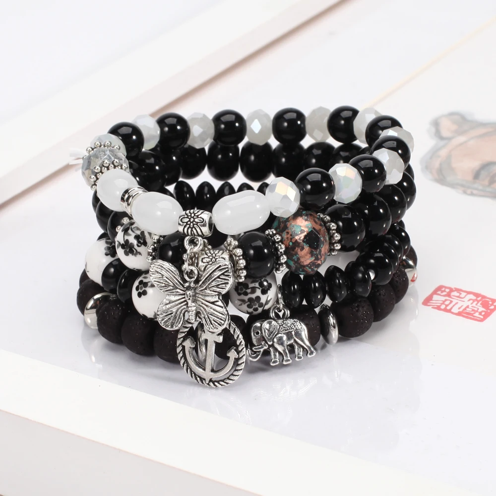 Pulseiras Bohemian Set para Mulheres, Empilhável, Borboleta, Elefante, Pingente De Âncora, Pulseira De Contas