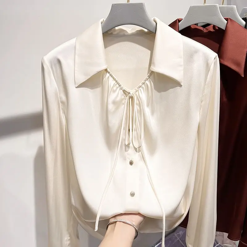 

Lapel Lace Solid Color Single-breasted Long-sleeved Chiffon Shirt for Women Korean Style Slim Shirt