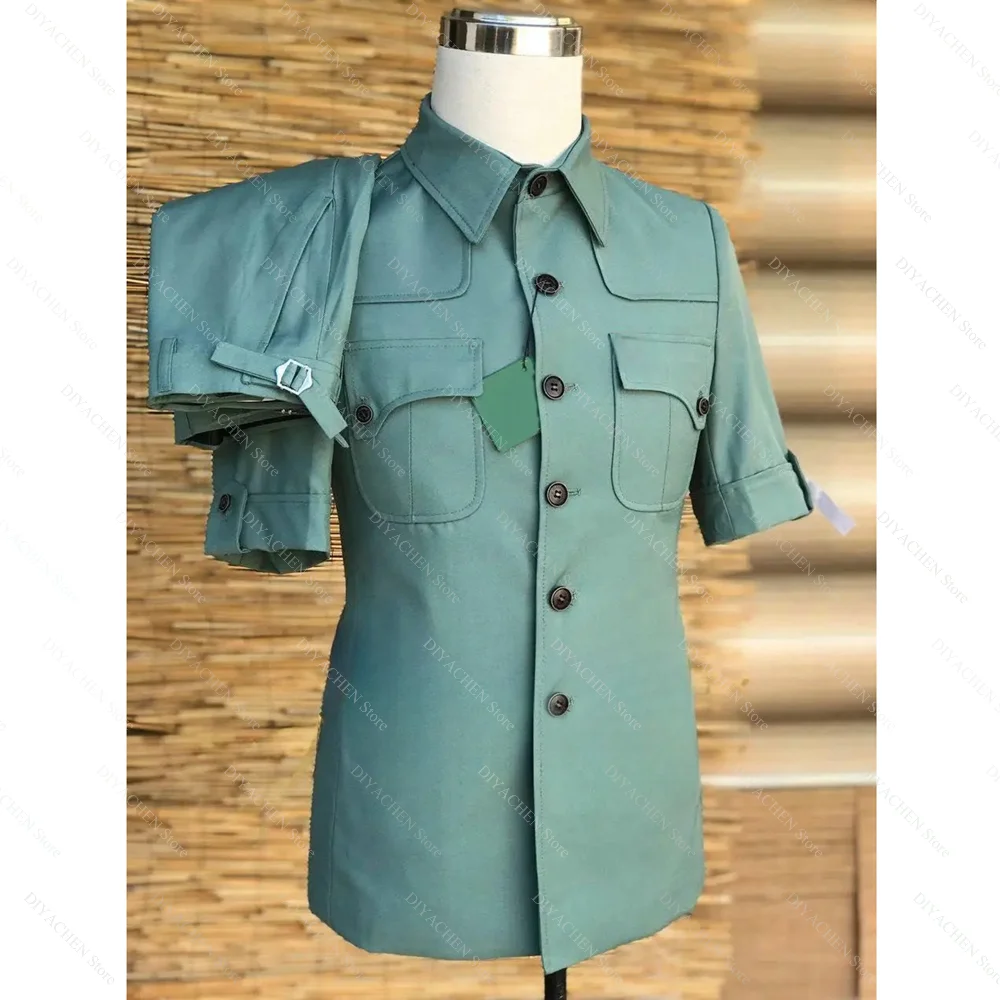 Fashion Men Suits 2 Piece Stand Collar Single Breasted Blazer Sets Chic Short Sleeves Smart Casual Male Suit (Jacket+Pants)