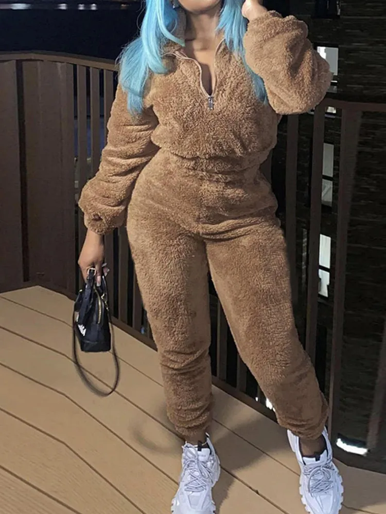 

BKLD New Women Clothing Solid Color Long Sleeve Zipper Tops Pants Sets Two Pieces Autumn And Winter Fashion Casual Plush Suits