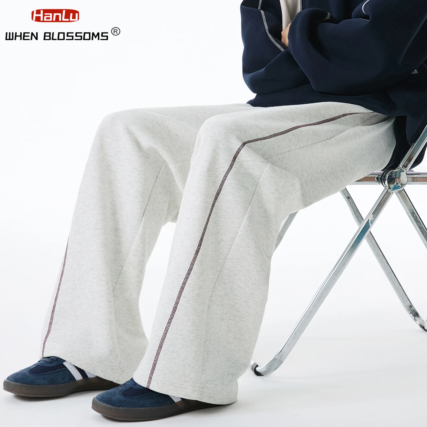 HANGLU 2025 Men's Heavyweight Sweatpants Contrast Stitch Straight Leg Loose Fit Streetwear Casual Jogger Pants