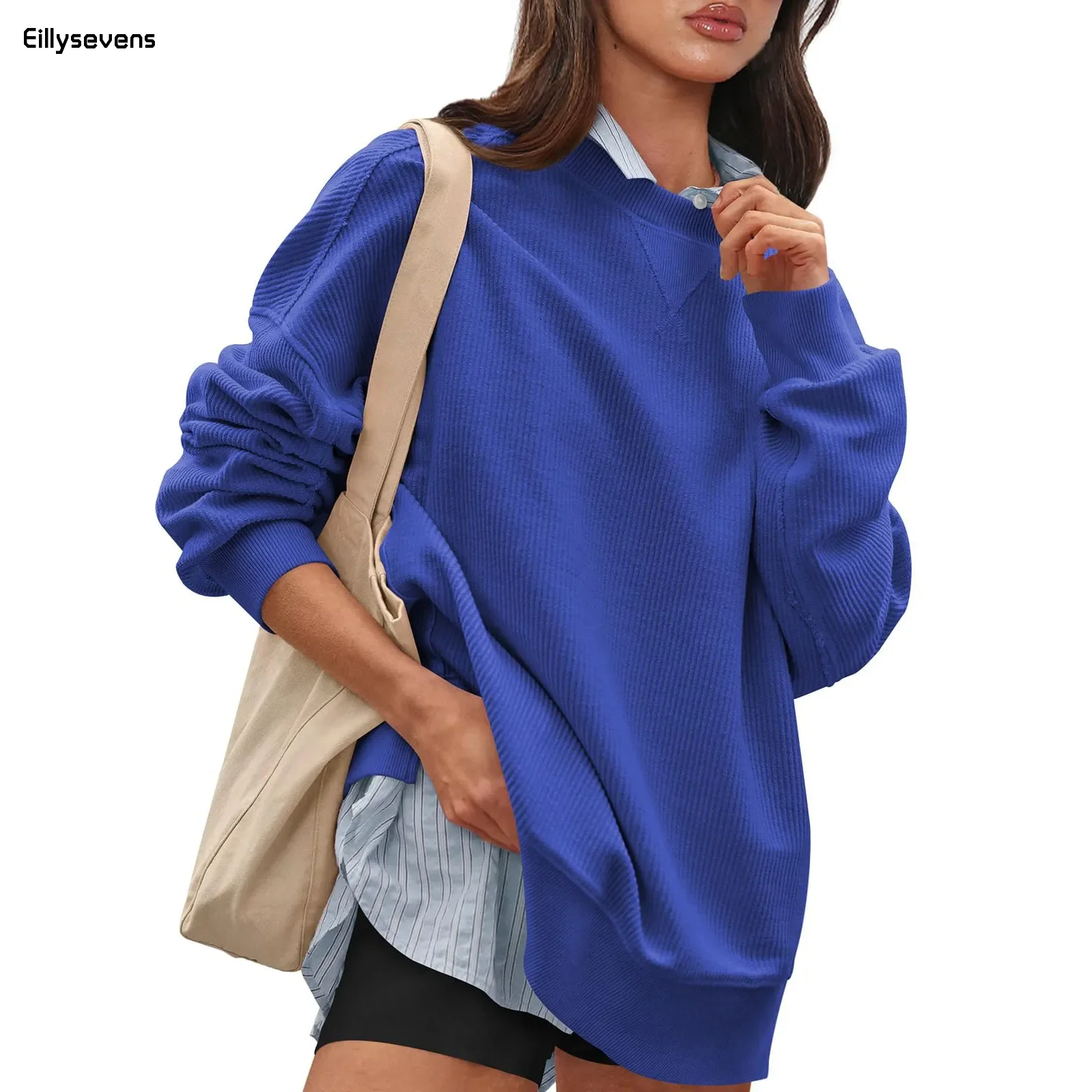 

Oversized Crewneck Sweatshirt For Women Ribbed Corduroy Long Sleeve Casual Going Out Shirt Loose Fit Fall Pullover Top