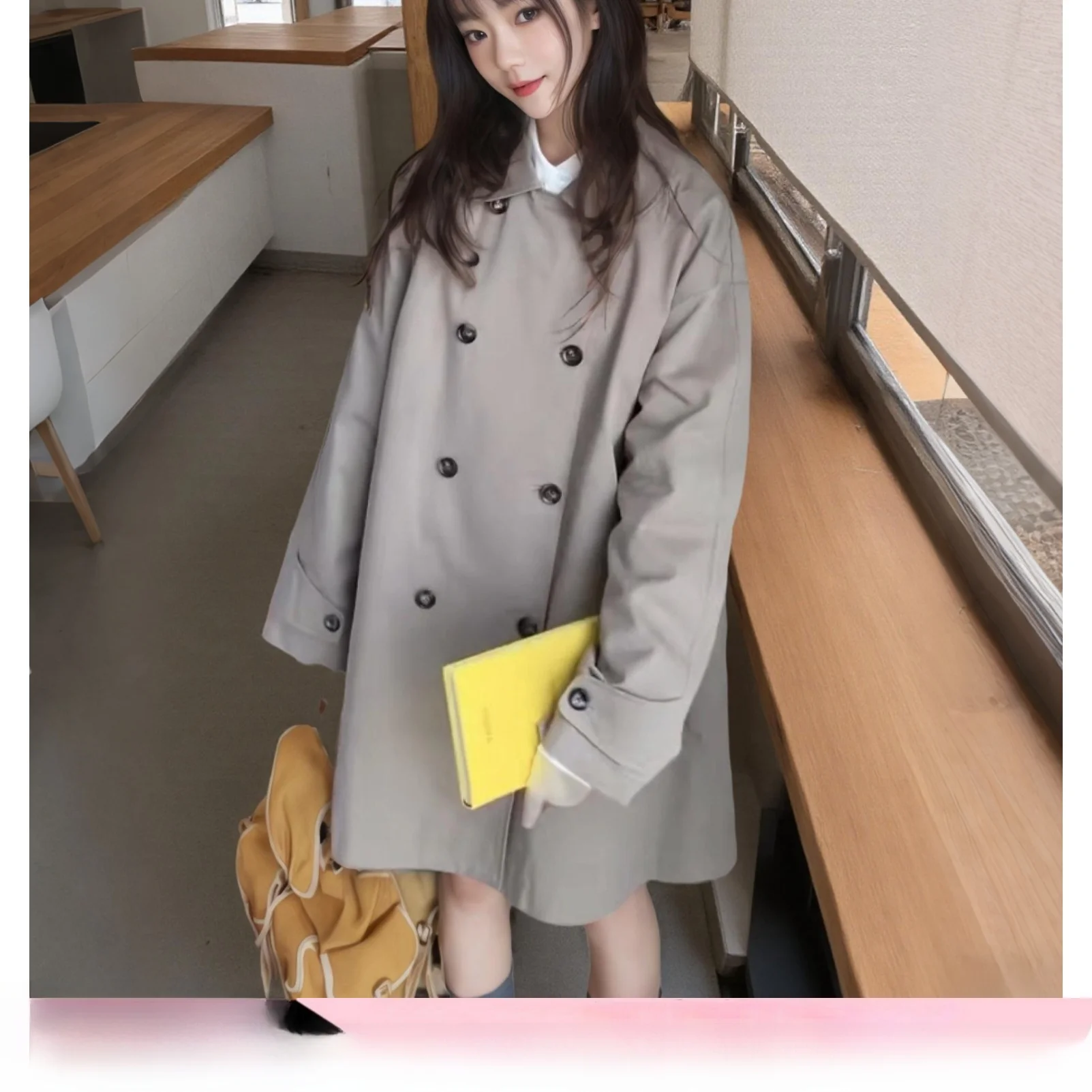 

Корейский дизайн, кукольный воротник, двубортное женское пальто средней длины на пуговицах, весна-осень, свободное пальто для поездок на работу, чистый цвет, полиэстер...