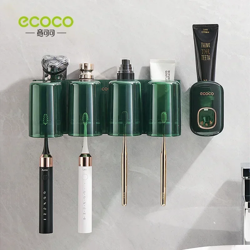 ECOCO Wall Mounted Toothbrush Holder Cup Rack Automatic Toothpaste Dispenser Multi-Functional Bathroom Accessory Organizer Rack