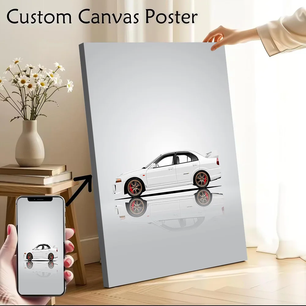 White Japanese Car Lancer Evolution Poster Customizable Printed Canvas Painting for Pictures Wall Art Aesthetic Decoration Room