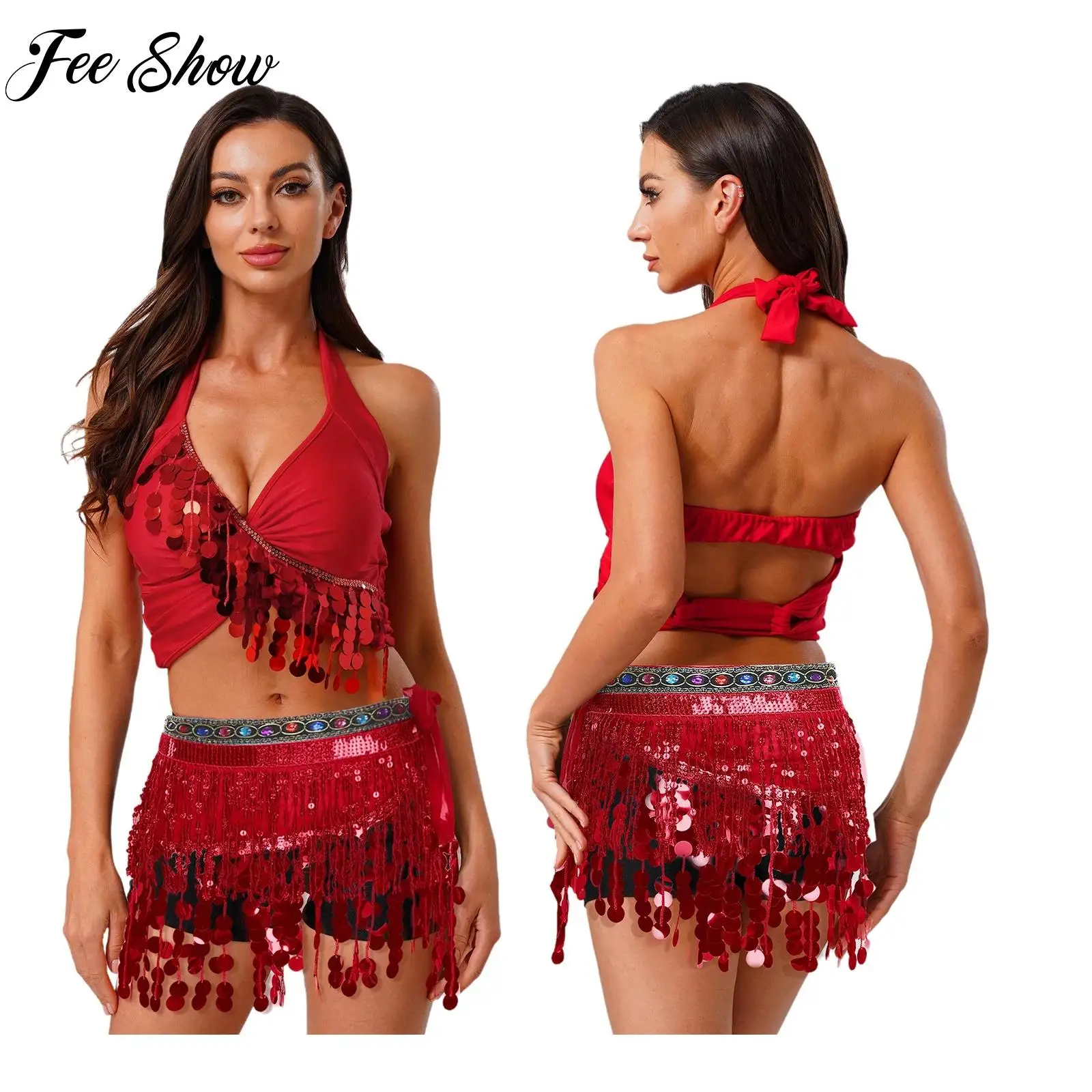 

Women Belly Dance Performance Costume Set Sequin Tassel Fringe Backless Sling Crop Top+Lace-up Hip Scarf for Latin India Dancing