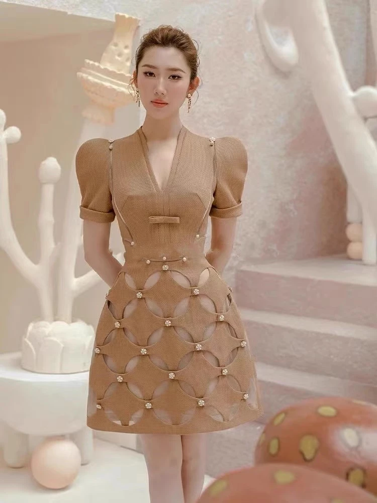 lingzhiwu Khaki Dress Patchwork Dresses Slim Waist Diamond Holiday Vestidos New Arrival