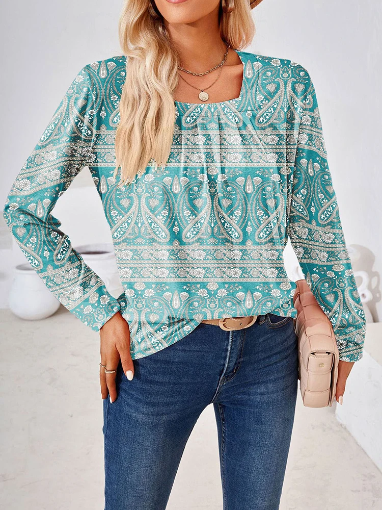 

Новая модная футболка с квадратным вырезом и длинным рукавом с принтом Футболка с принтом