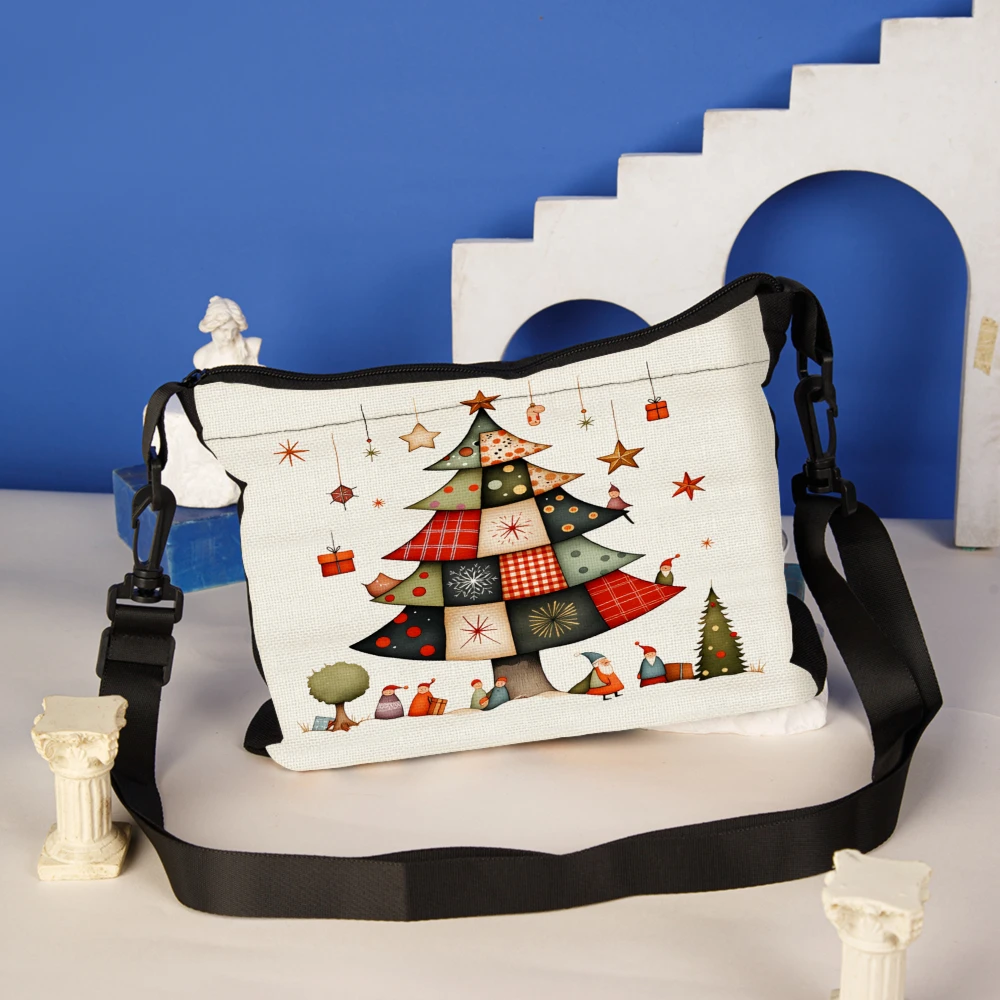 1pc Christmas Tree Pattern Crossbody Bag White Holiday Theme Print Shoulder Bags For Women And Girls Festive Party Gift Carrying