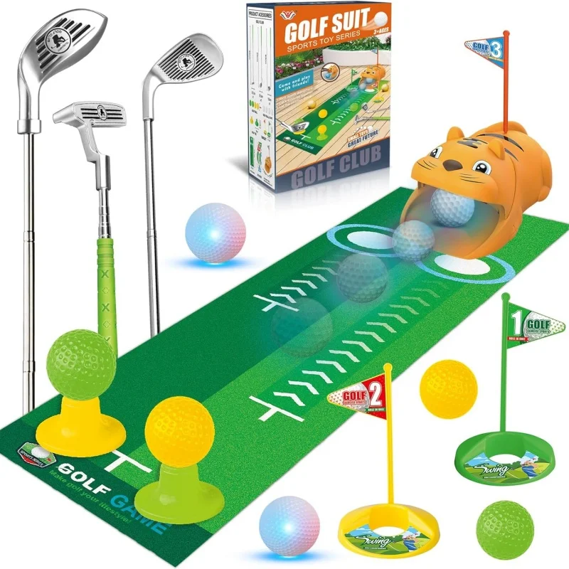 Verbessertes Kinder-Golfset mit automatischem Golfball-Rückführsystem, 3 Schlägern, Putting-Matte, Mini-Golfspiele für Outdoor-Sport, Party, Spielzeug, Geschenk