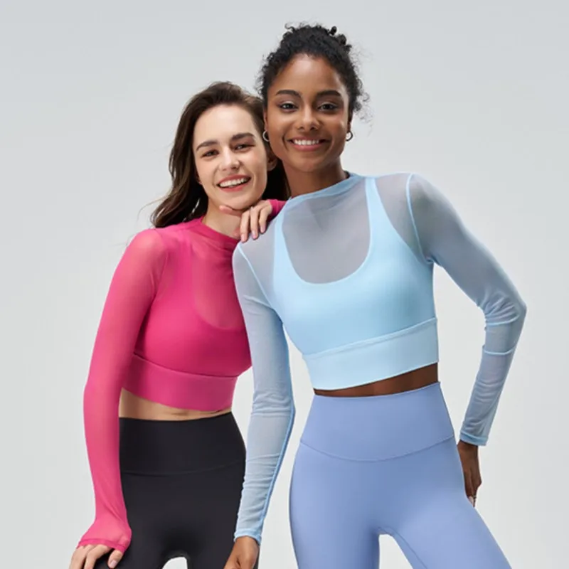 CommConsulGym-Gilets de jogging à haute élasticité pour femme, faux deux pièces, gilet en maille Quakeproof, manches longues, séchage rapide, yoga et fitness, 2024