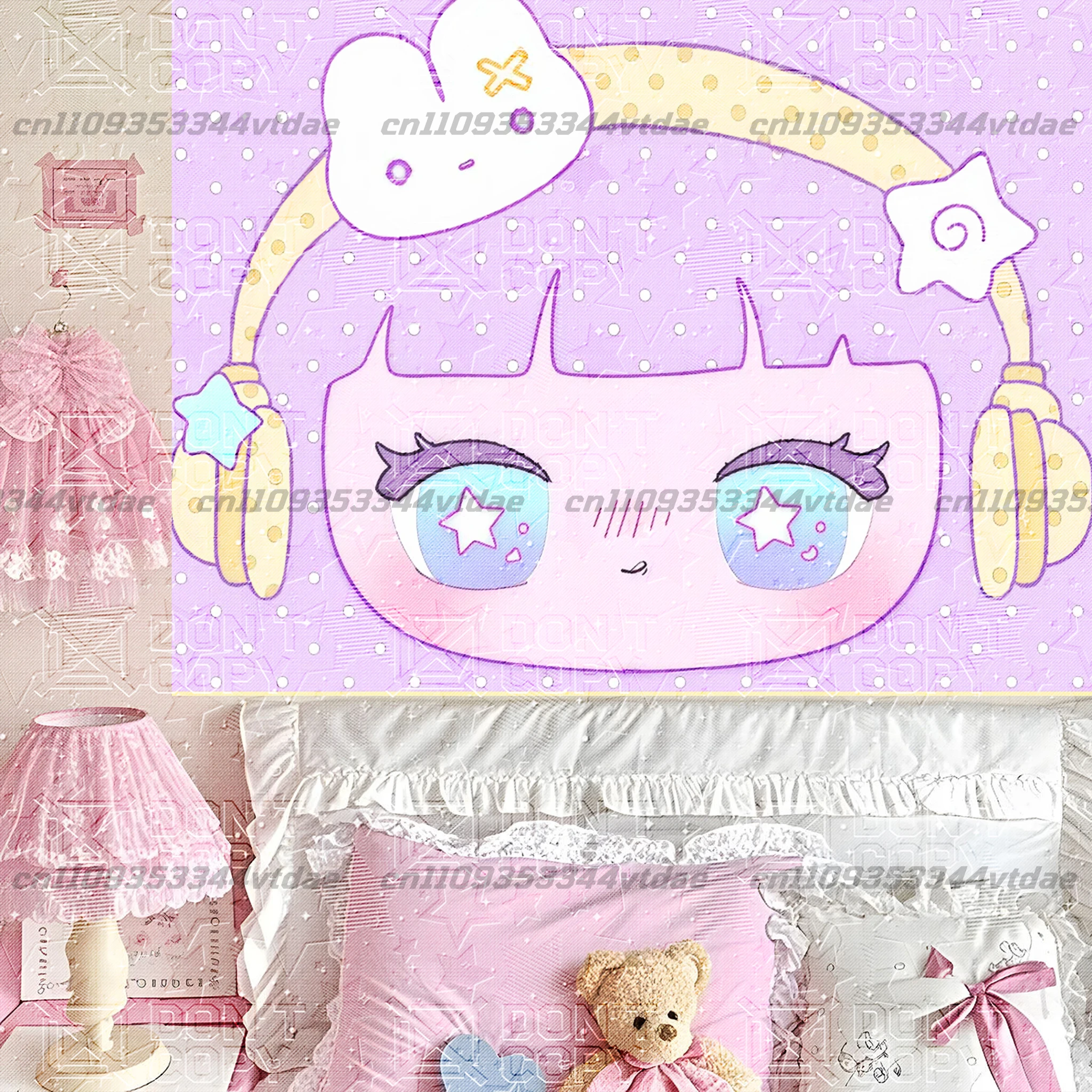 Pastel Purple Cartoon Tapestry, Big Eyes Chibi Girl Angel Treble Clef Print, Sweet Music Aesthetic Wall Decor for Teen Room