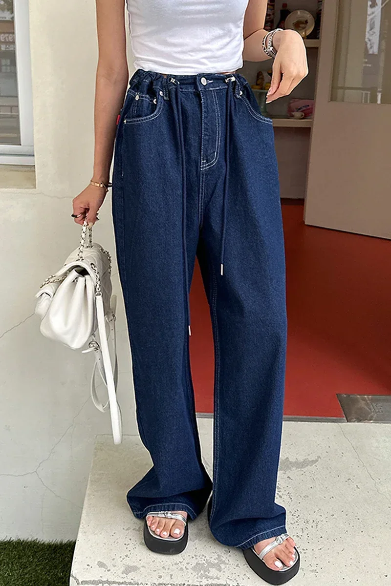 Newoe Jeans lavati stile retrò 2024 donna estate francese personalizzato coulisse vita alta Casual gamba larga pantaloni gamba dritta