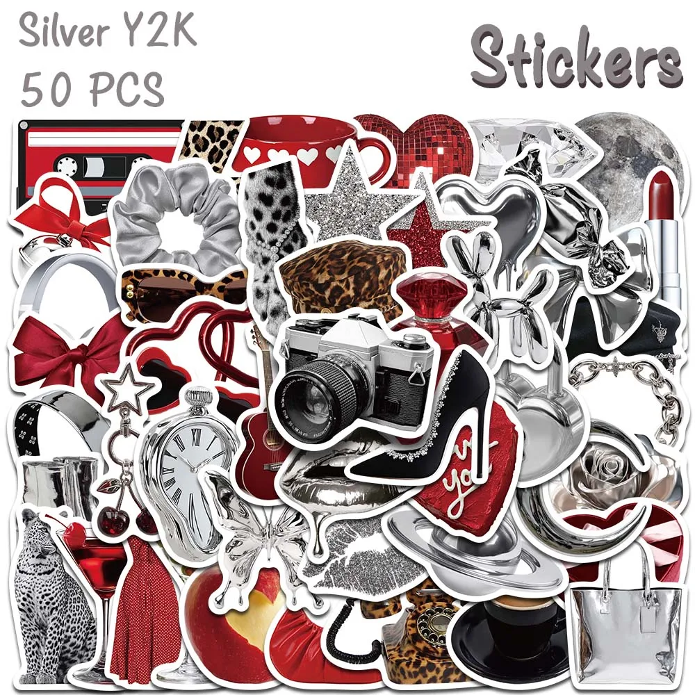 50pcs Y2K Silver Red Bling Butterfly Metallic Chrome Stickers Aesthetic Glitter Decals For Laptop Phone Case Journal DIY Gifts