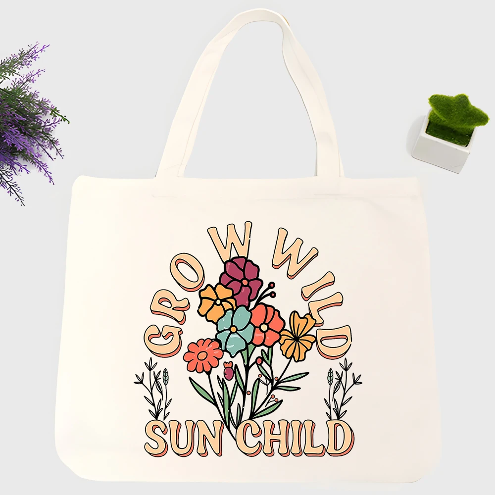 Women's floral letter print canvas tote bag, retro style for daily shopping and casual outings
