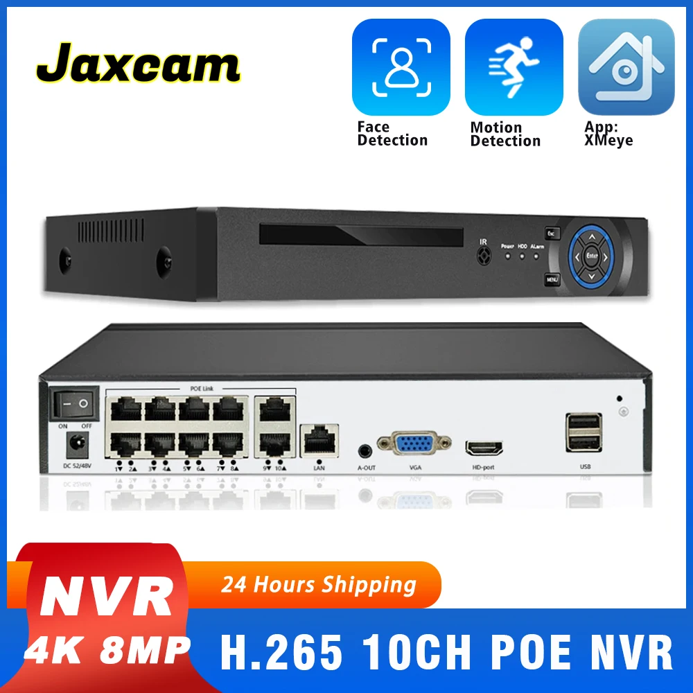 XMeye 10CH 4K 8MP POE NVR распознавание лица H.265 + сетевой видеорегистратор 4T HDD 24/7 Запись CCTV IP-камера P2P система