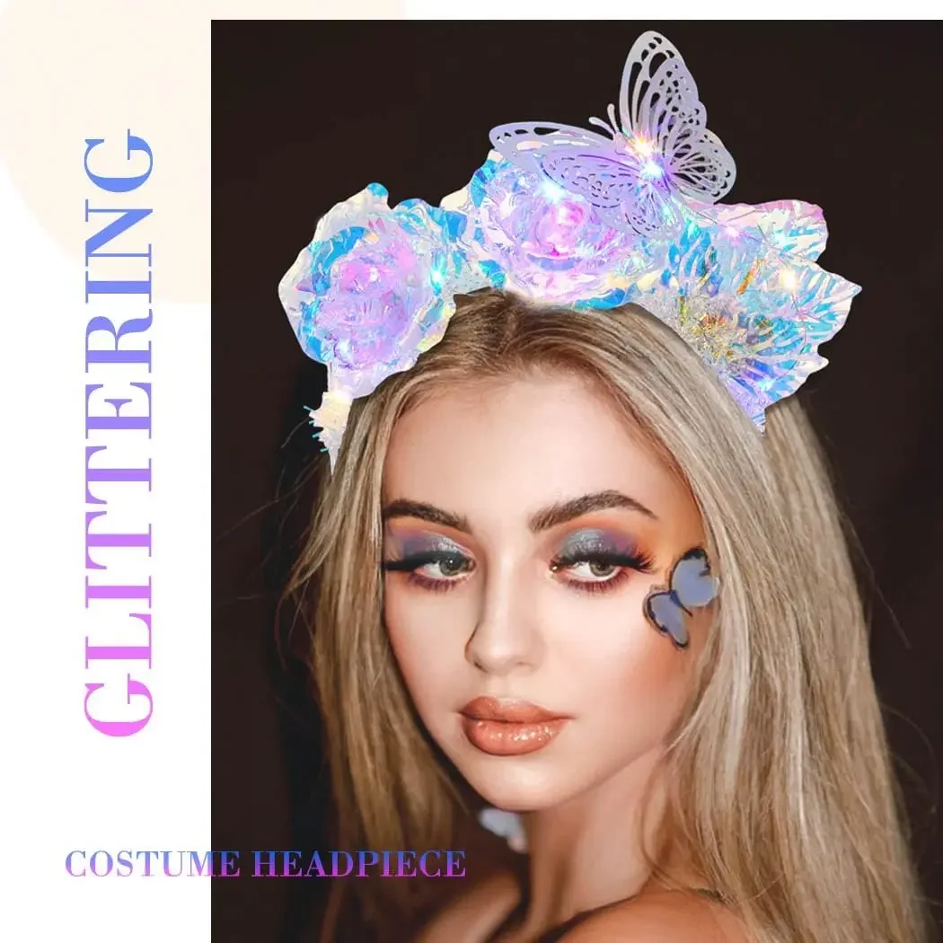 2 Stück leuchtende Laser-Blumen-Stirnbänder, LED-Schmetterlings-Haarbänder, glitzerndes Rave-Kostüm, Haarschmuck für Frauen