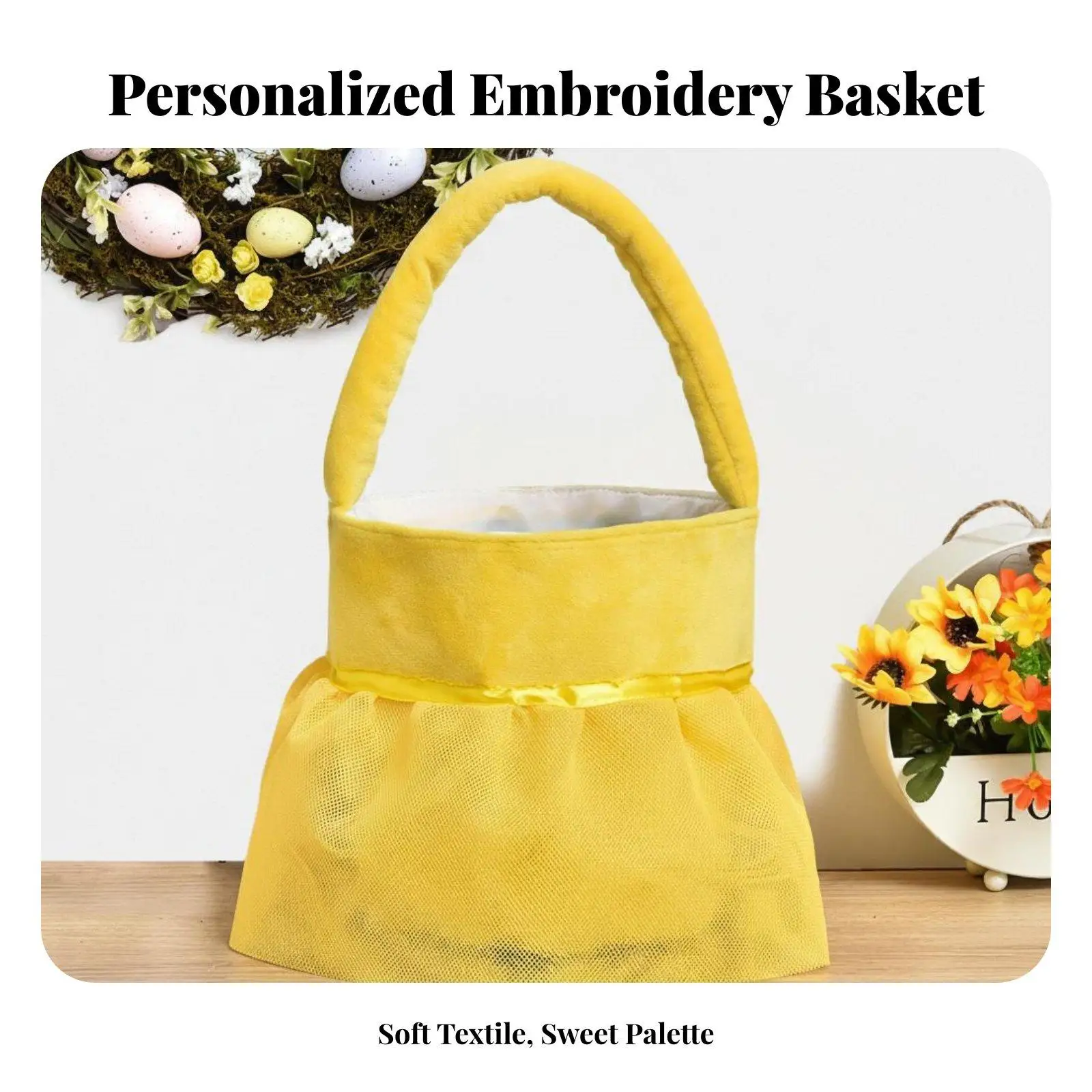 Personalized Embroidery Basket Ballet Tote for Girls Easter Egg Hunt Flannel Mesh Storage Decor