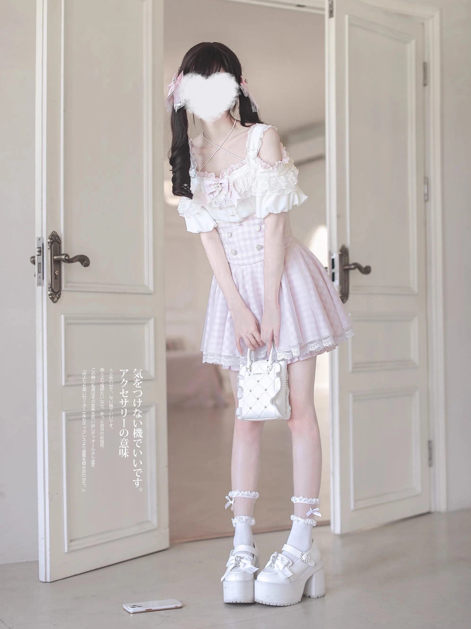 Estilo japonês mina produzido em massa renda emendada fora do ombro camisas de manga puff cintura alta a linha saia xadrez conjunto de duas peças feminino