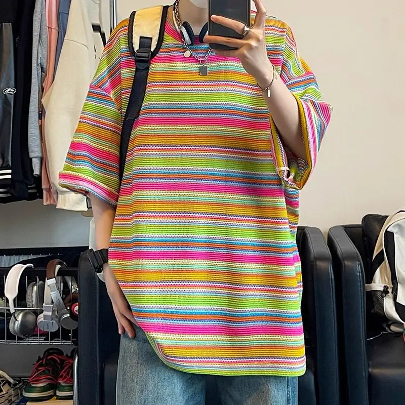 Summer Street Men and Women Trendy Personality Colorful Stripe Hip Hop Round Neck Short Sleeve Couple Loose Casual T-shirt Top