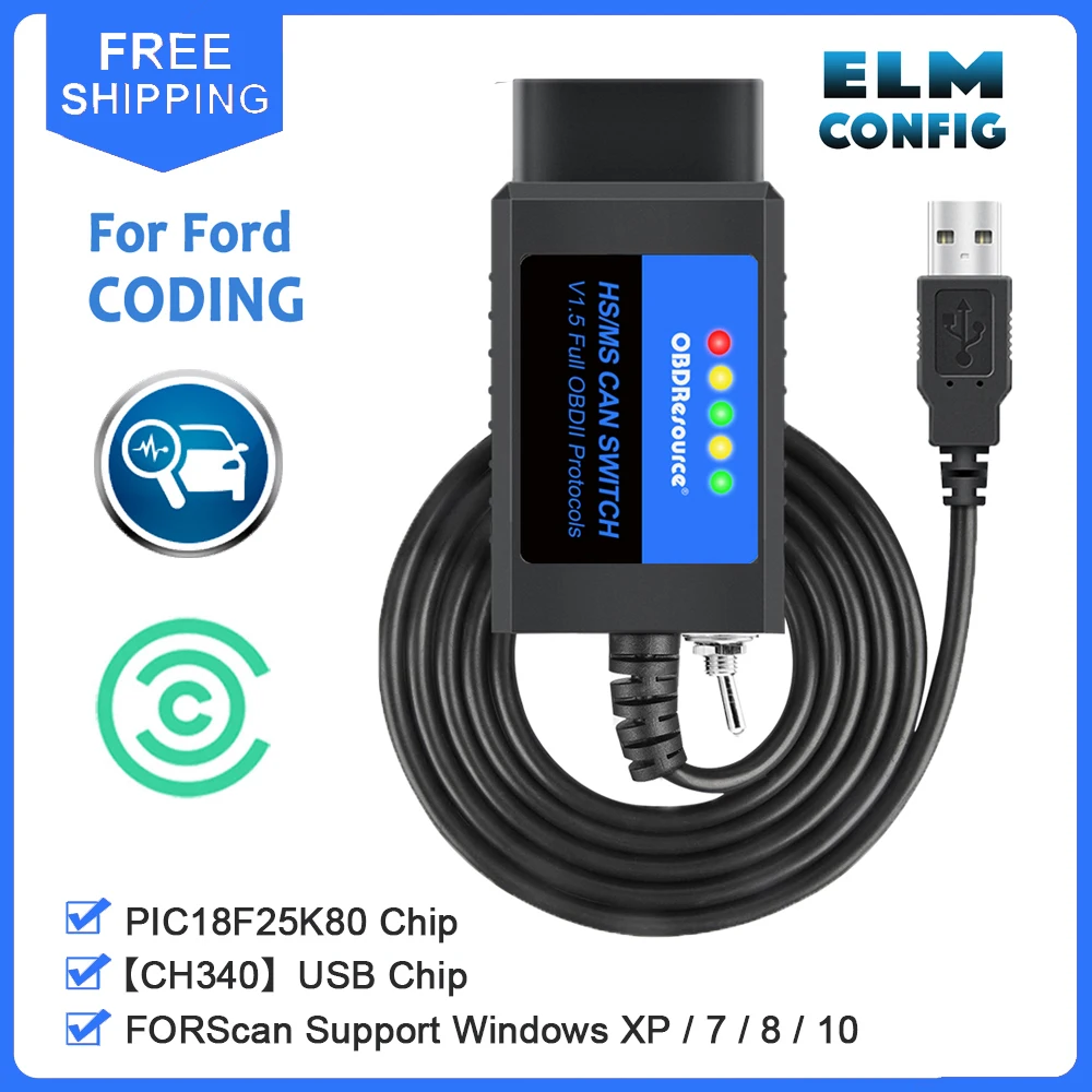 OBDResource ELM327 USB Adapter For FORSCan OBD2 Scanner Reader Programming Band HS/MS For Ford USB CH340 V1.5 PIC18F25K80 Chip