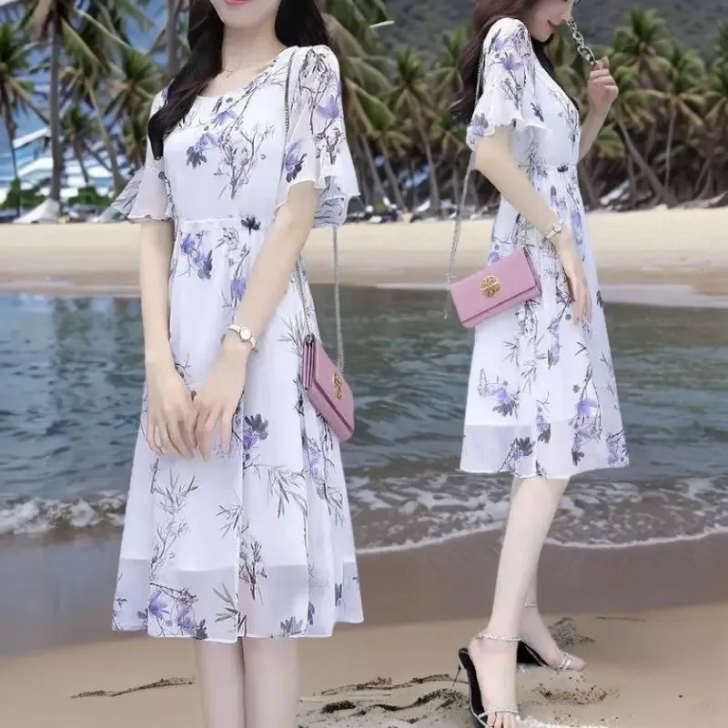 Chiffon Lining Dress Summer Floral Ladies Waist-hugging New Short-sleeved A-line Skirt ZT442