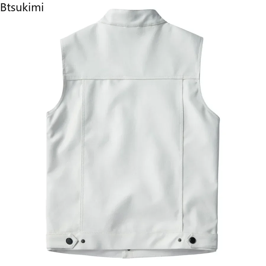 2025 Men's Trendy Solid Faux Leather Vest Motorcycle Stand Collar Sleeveless PU Leather Vest Jacket Multi-pocket Punk Vest Coats