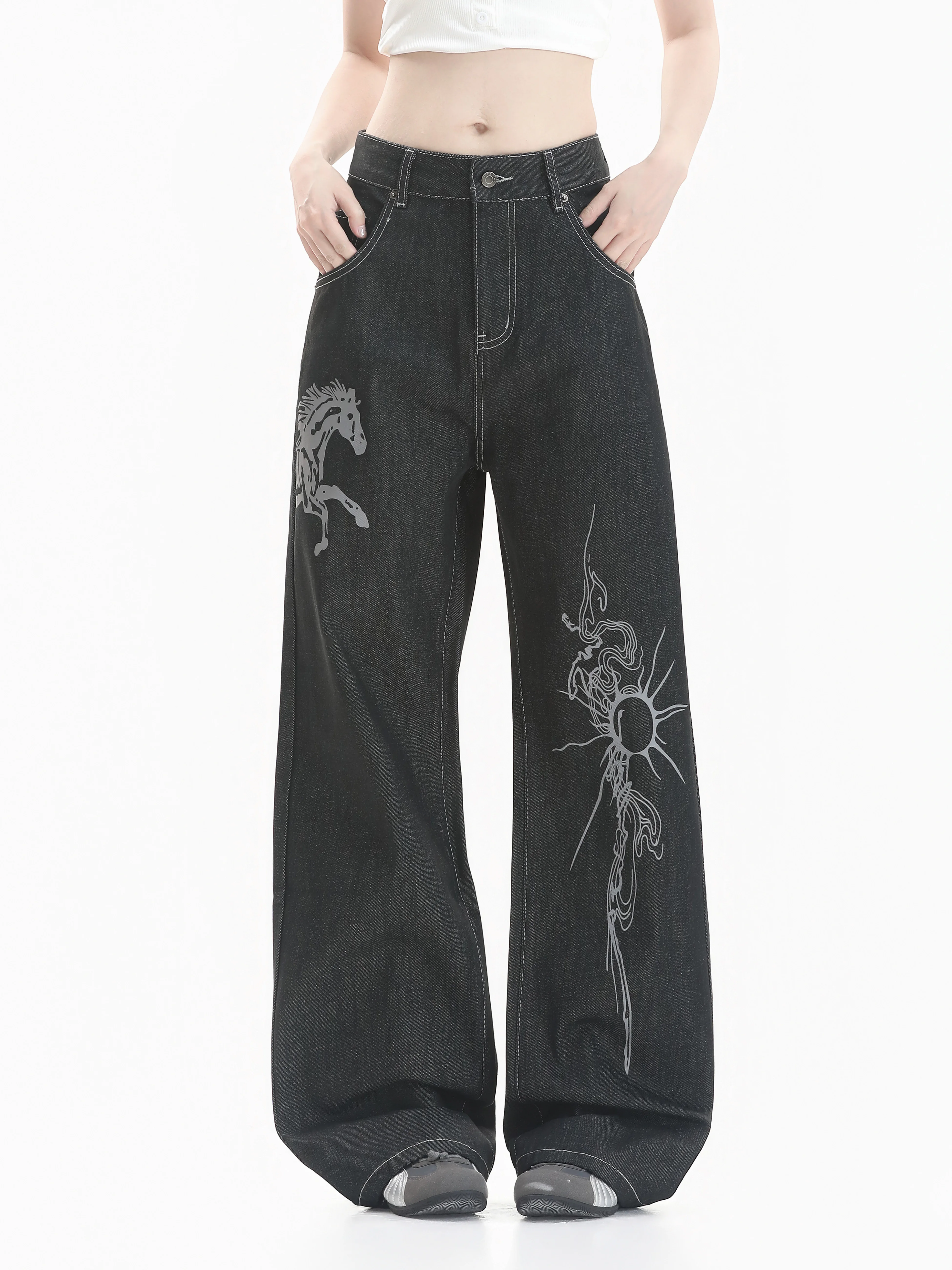 Cleanfit Street Style Wide Leg Jeans Couple Printed Casual Vintage Washed Denim Pants Comfortable Fit Youth Fashion