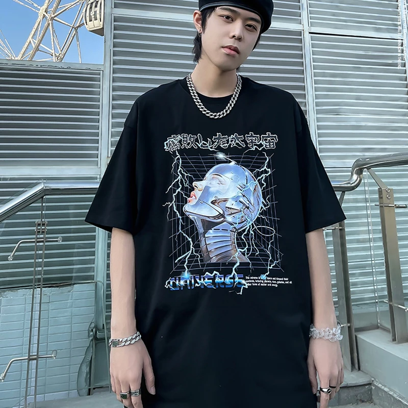 เสื้อยืด2022ขนาดใหญ่ผู้ชาย T เสื้อ Hip Hop Streetwear Lightning หุ่นยนต์อวกาศ Harajuku ญี่ปุ่นคันจิ Tops Tees แขนสั้น