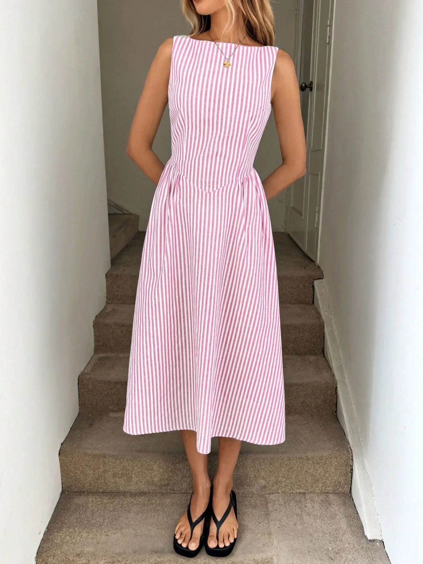 Neues Y2K Sommer-Urlaubskleid aus Leinen für Damen, ärmellos, vertikal gestreift, hohe Taille, A-Linie, Midi, lässiges Swing-Kleid mit Taschen – Detail 10