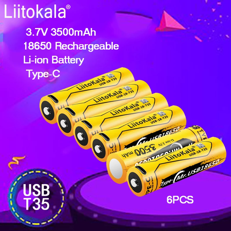 6pcs LiitoKala USB-T35 Type-C 3.7V 3500mAh 18650 Rechargeable Li-ion Battery For Flashlight Electric Mobile Phone Toy Battery