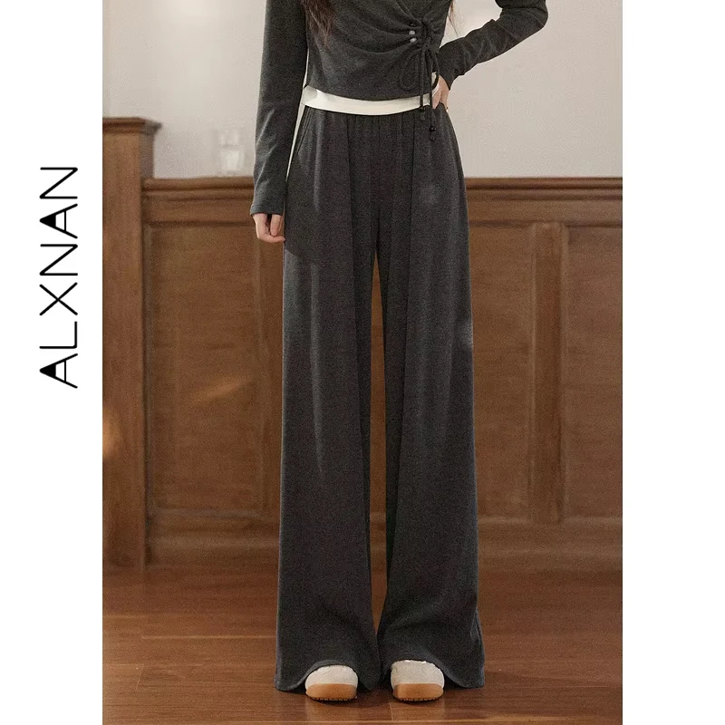 

ALXNAN Gray Baggy Pants Women's Autumn New High-waist Wide-leg Casual Pants 2025 Fall Office Lady Loose-fit Trousers L569113-1