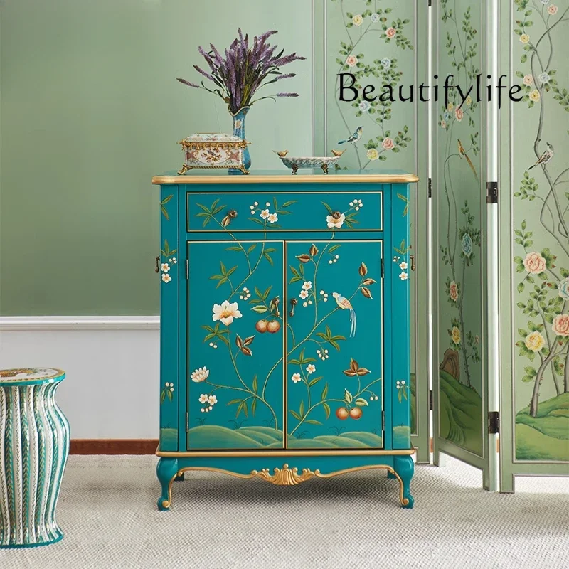 X35 Hand Painted Retro Art Multi-functional American Entrance Shoe Cabinet Green Storage Cabinet National Style High-end