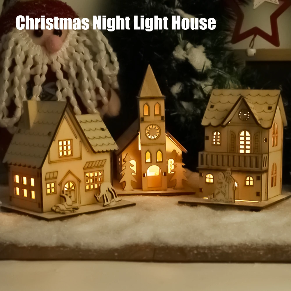 Christmas Led Light Wooden Cabin Glowing Ornaments Merry Christmas Desktop Night Lamp Home Christmas New Year Decorative Lamp