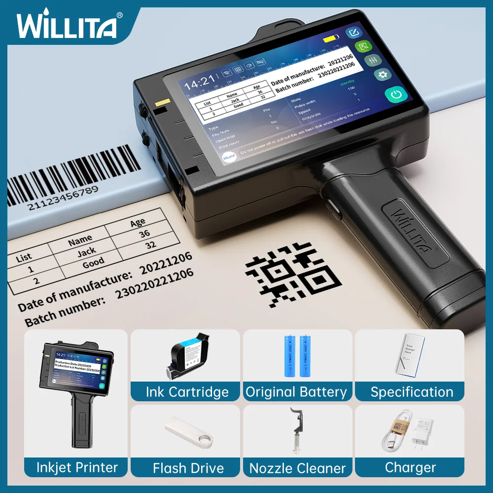 Willita Portable Handheld Inkjet Printer Gun Production Date Barcode Expiry Code Machine Batch Number QR Permanent Quick Drying