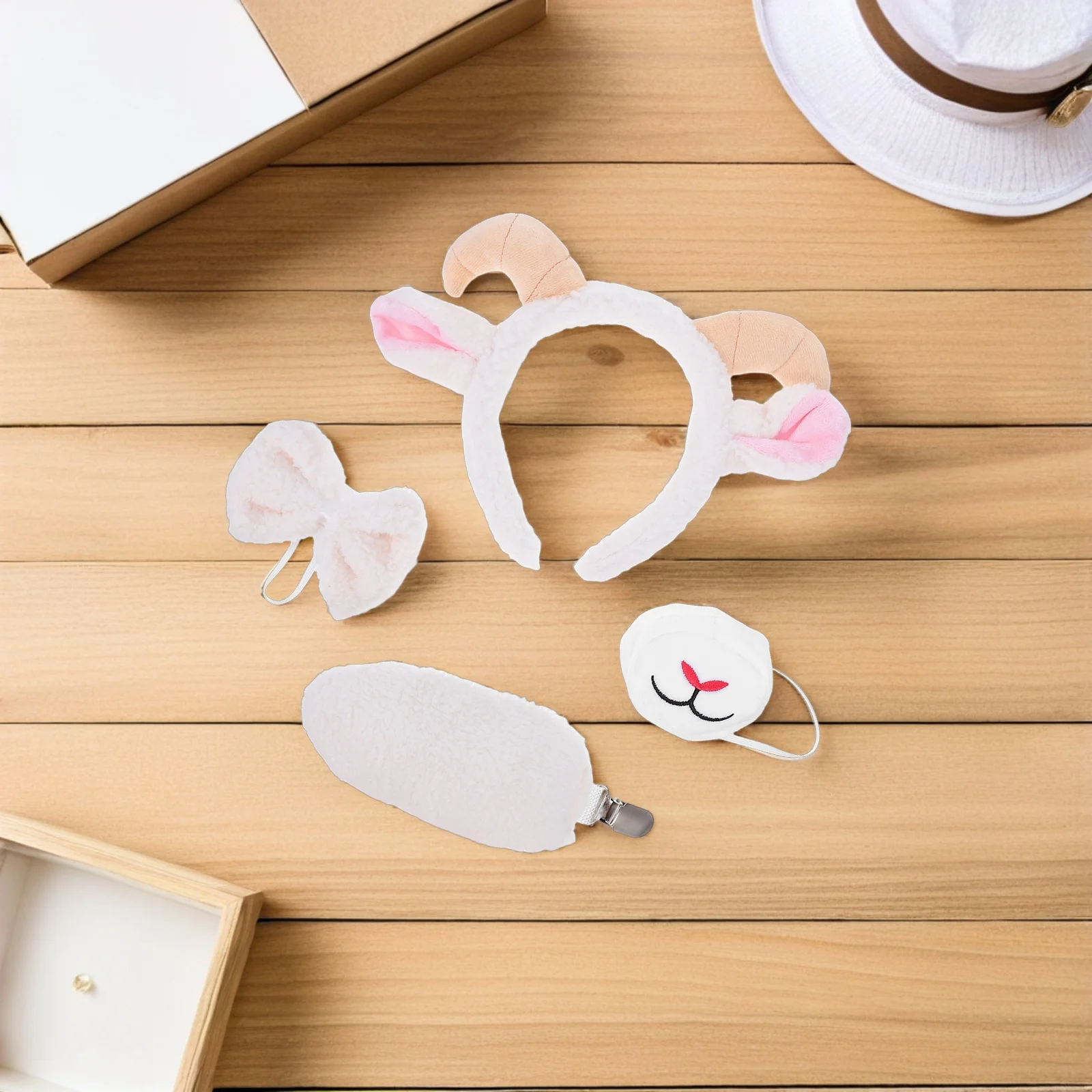1 set 1 Set Costume Set White Goat Horns Headband Tail Bowtie Lamb Ears Cosplay Kit For Birthday Halloween Easter