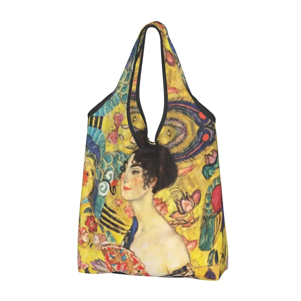 Gustav Klimt Lady With Fan Grocery Shopping Bags Cute Shopper Shoulder Tote Bag Large Capacity Portable Handbag