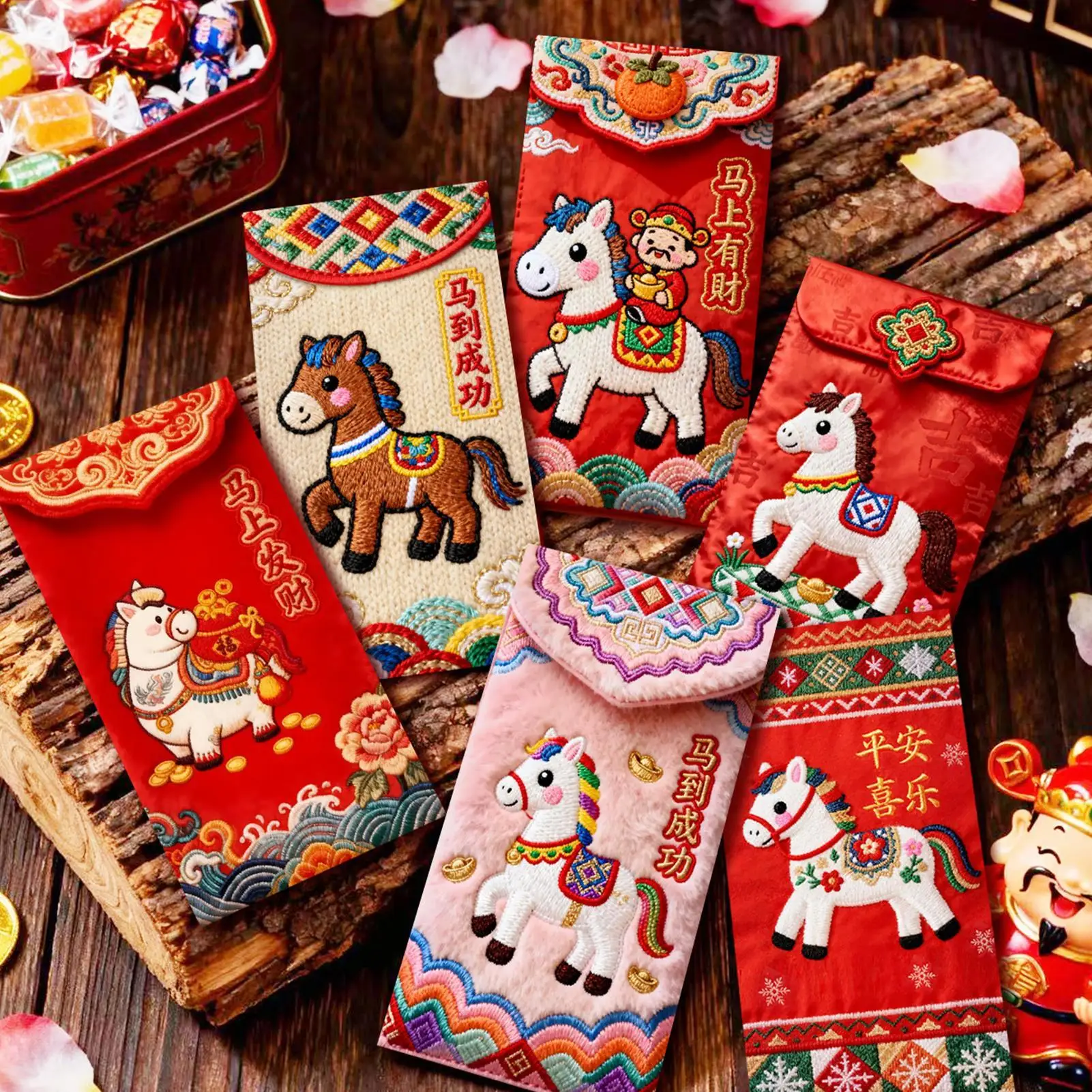Imagen 6: Paquete rojo bordado Hong Bao de buena suerte, bolsa de dinero de la suerte tradicional china, sobres rojos de Año Nuevo 2026 caballos, 6 uds.