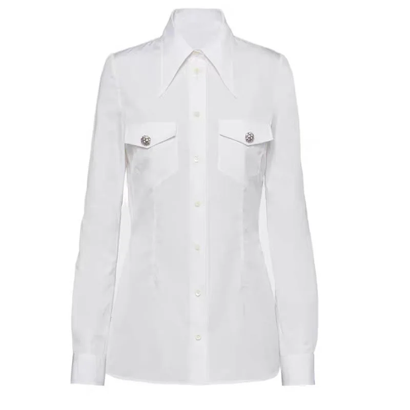 

Women's Rhinestone Button Design Cotton White Blouses 24 Fashion Lapel Long Sleeve Slim Shirts High Quality Y2K Clothing Runway