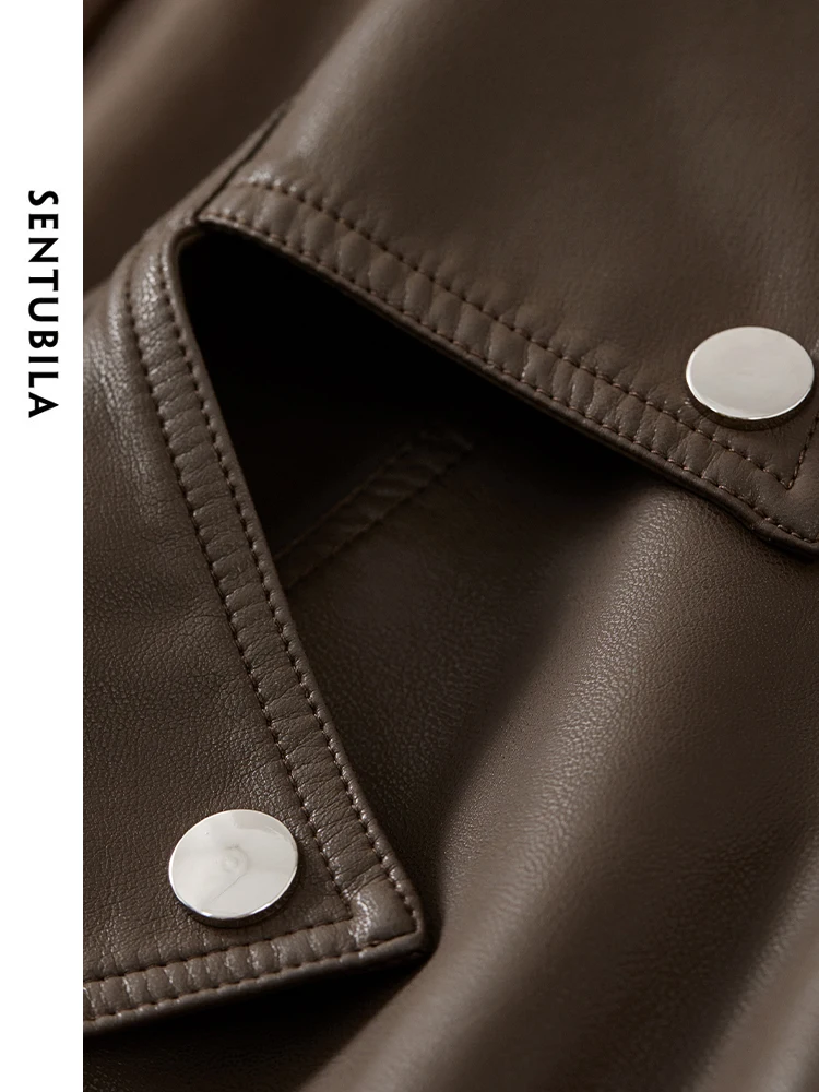 SENTUBILA Braune Pu-Kunstlederjacken für Damen, 2025, Herbst, Streetwear, langärmelig, kurze Ledermäntel, Bürodame W43G56293