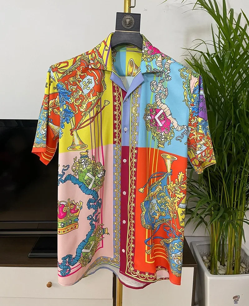 

Красочные роскошные мужские рубашки с королевским принтом, повседневная мужская рубашка с коротким рукавом в социальном стиле с узором пейсли, рубашка Manga Longa для выпускного вечера, Camisas